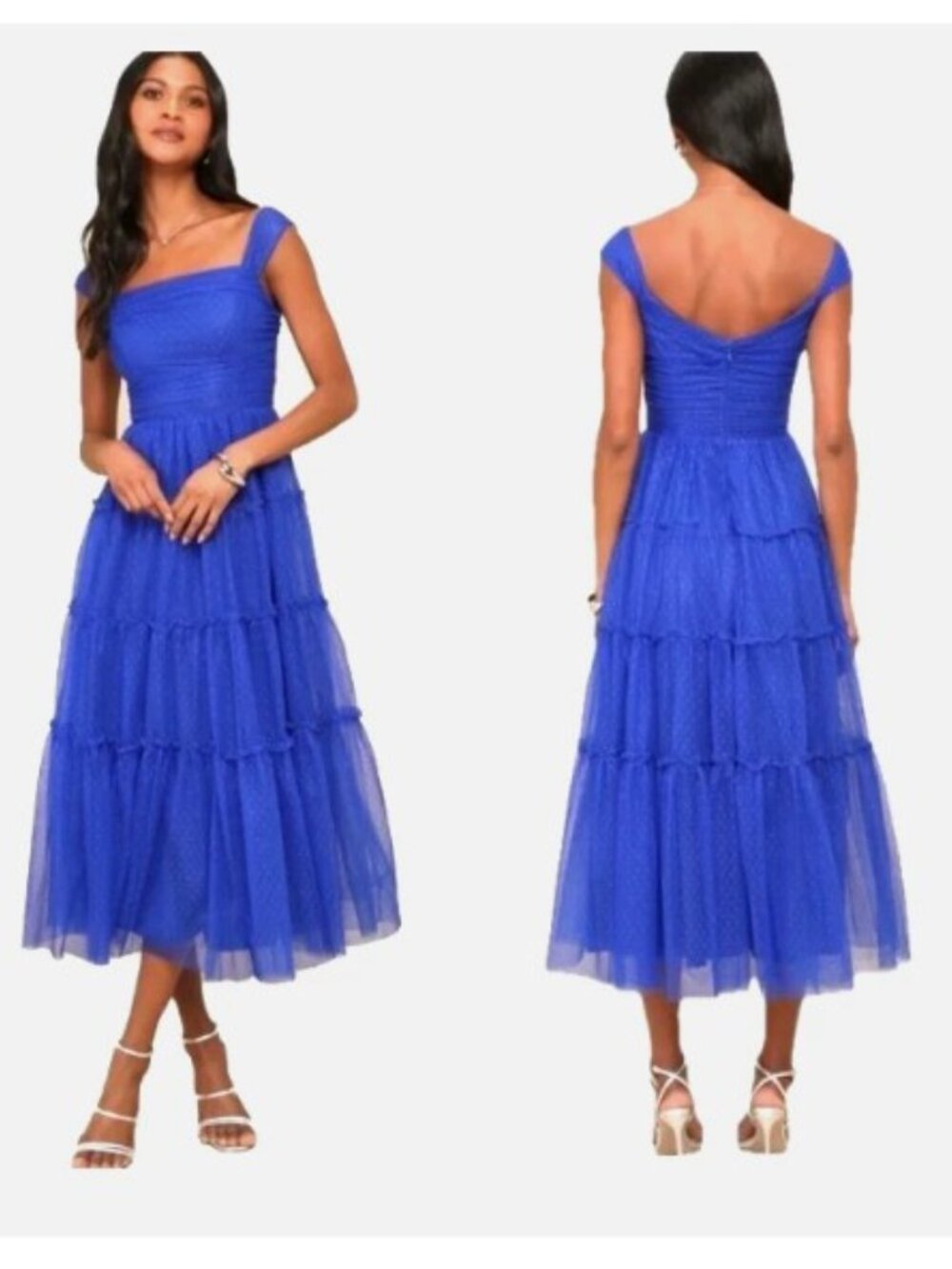 NWT LULUS Moment of Perfection Blue Mesh Swiss Dot Tiered Midi Dress Size XL